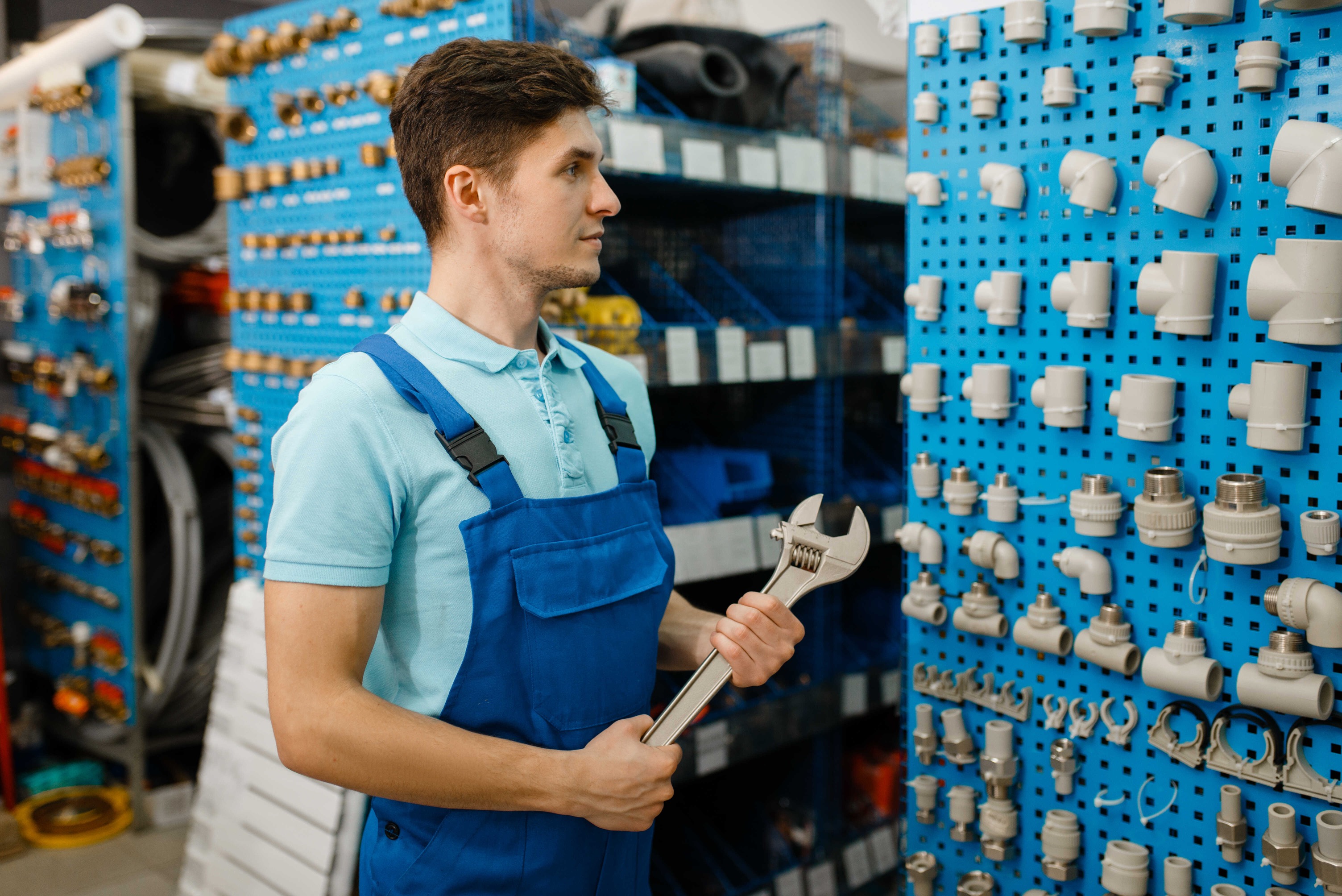 Professional plumber with tools and equipment